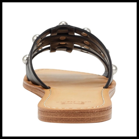 BLACK LEATHER SANDALS SLIDES MARC FISHER SLIP ONS STUDD CAGED FLATS A2C - Picture 12 of 16